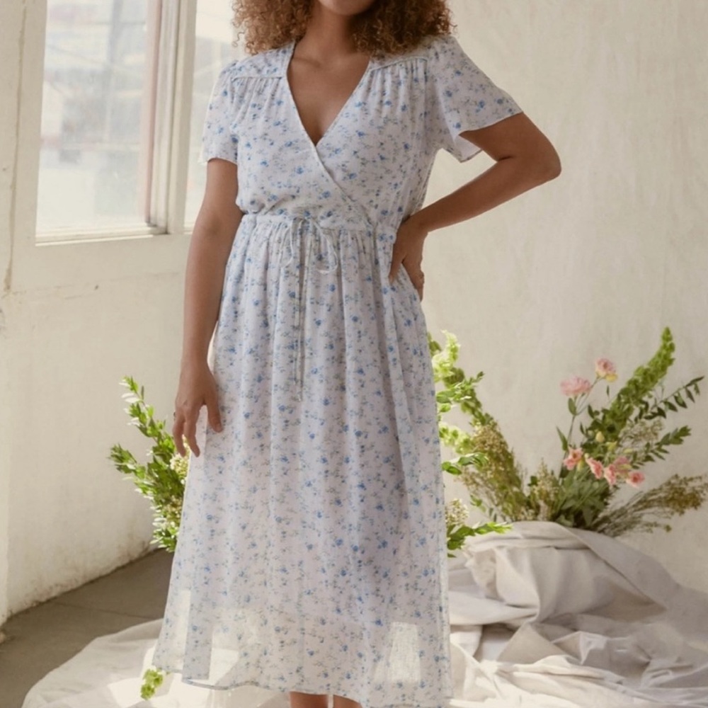 Christy Dawn White Midi Dress with Blue Floral Print